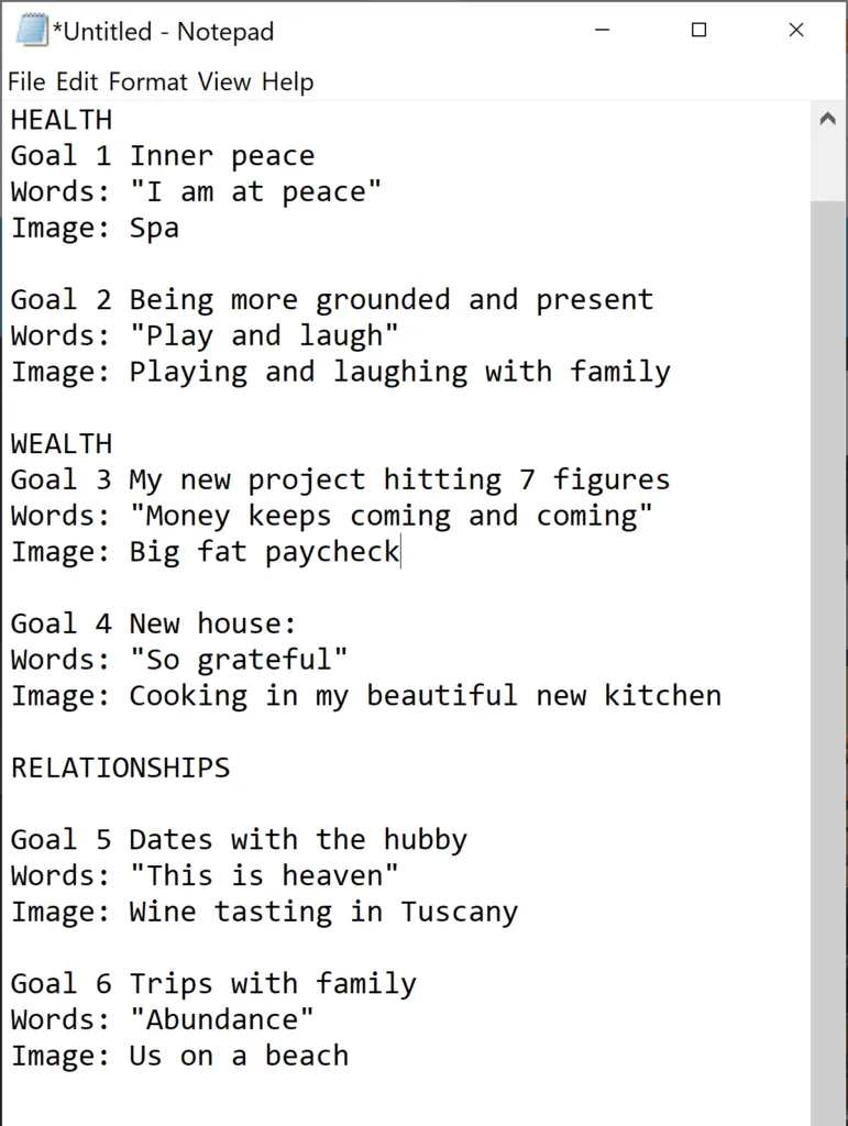 My Goal list with the words and visuals I associate with it