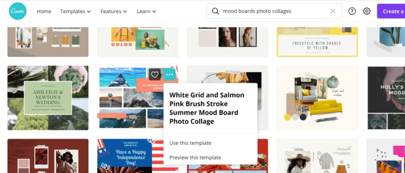 Moodboard select template in canva