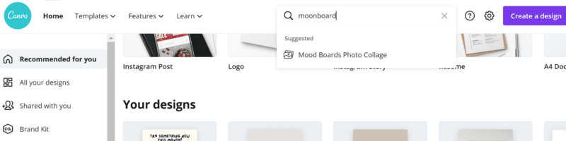 Moodboard select template in canva