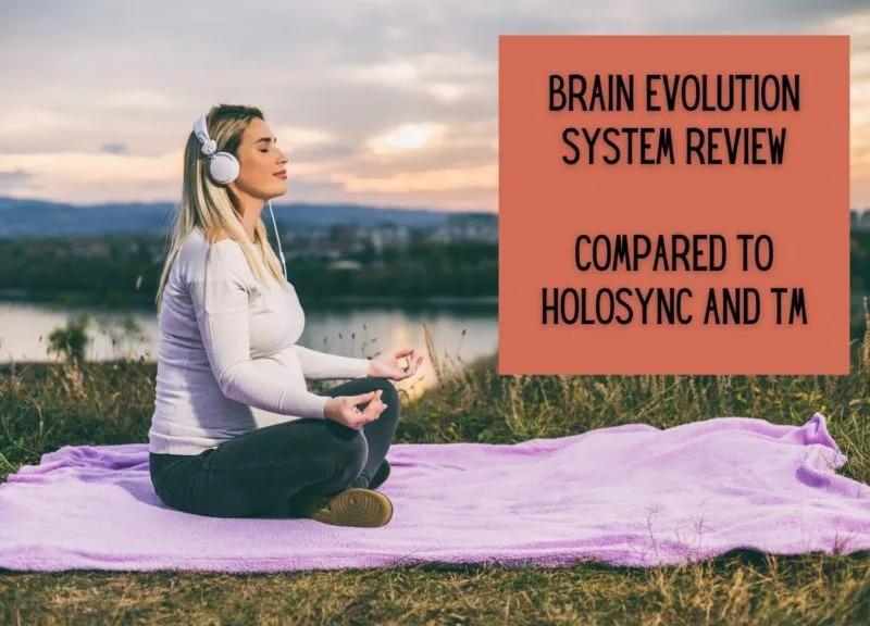 woman meditating with headphones near river