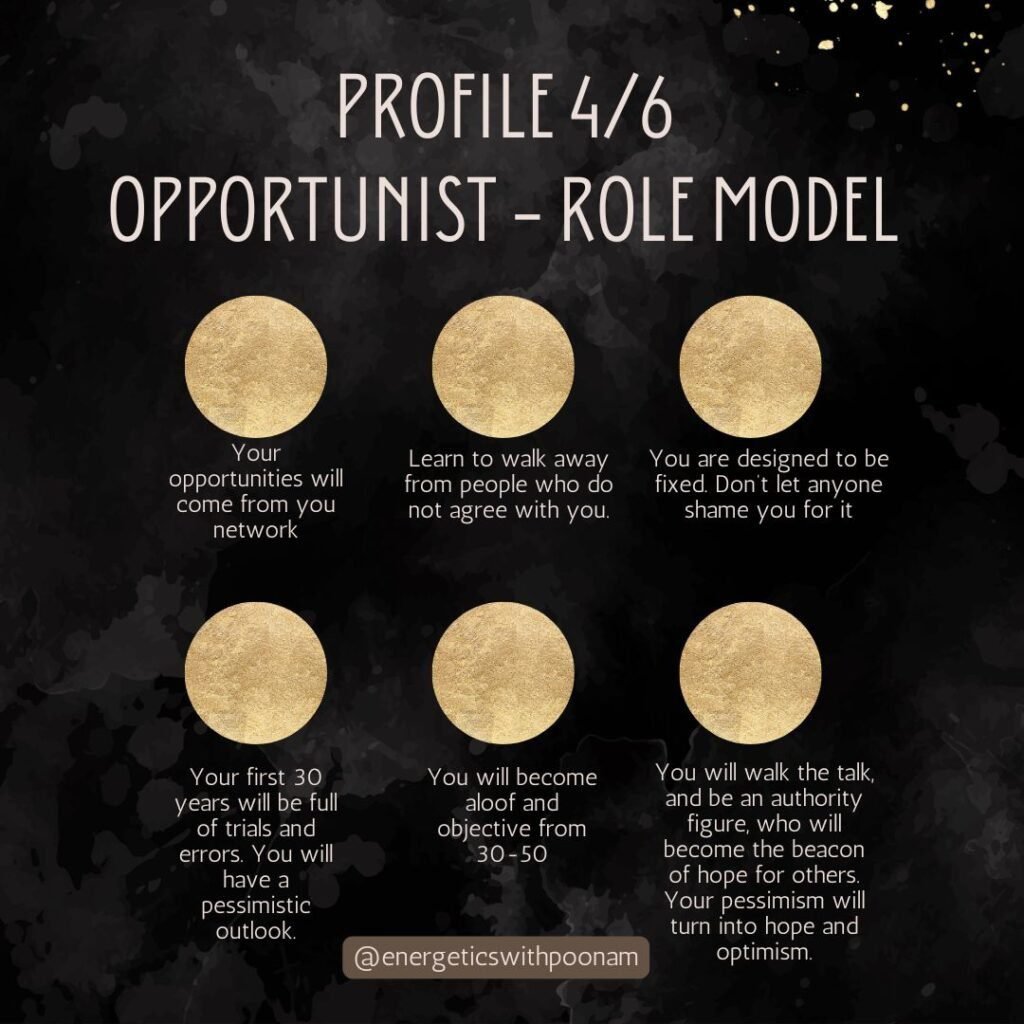 profile 4/6 Opportunist - role model Your first 30 years will be full of trials and errors. You will have a pessimistic outlook. You will become aloof and objective from 30-50 You will walk the talk, and be an authority figure, who will become the beacon of hope for others. Your pessimism will turn into hope and optimism. Your opportunities will come from you network Learn to walk away from people who do not agree with you. You are designed to be fixed. Don’t let anyone shame you for it 